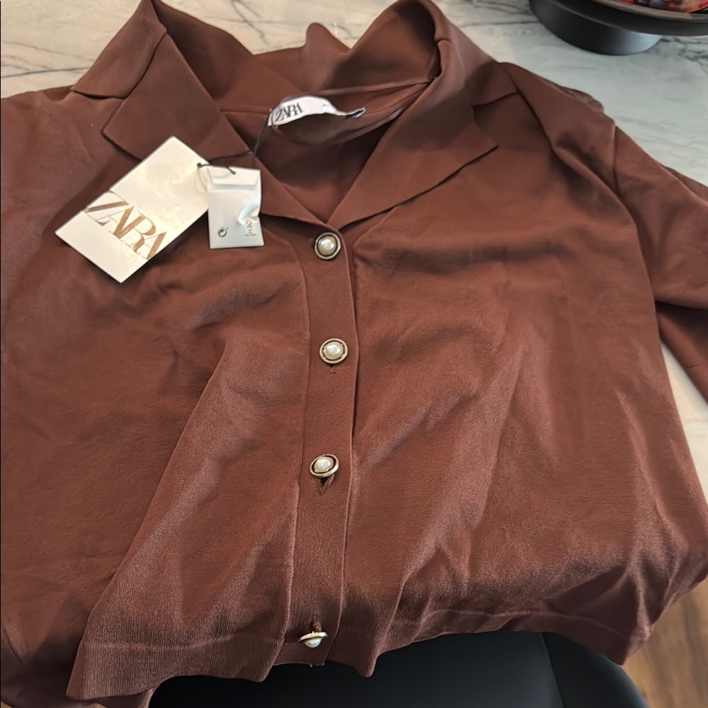 Zara Brown Notched Collar Button Down Shirt- oversized Crop